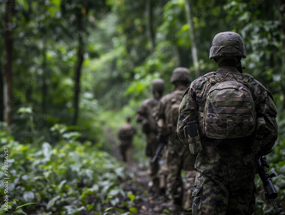 A group of soldiers are walking through a forest. Scene is tense and serious, as the soldiers are on a mission and must remain focused on their task