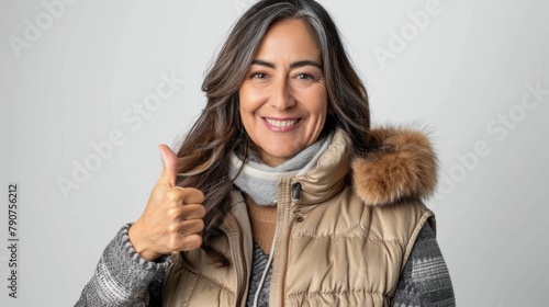Beautiful Mature Hispanic Woman Wearing Winter Vest. Smiling, Happy, and Approving with Thumbs-Up Gesture, Isolated on Background