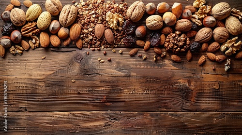 A high-definition image capturing a variety of whole nuts and dried fruits arrayed on a rustic wooden table, conveying a concept of natural, healthy snacking. Ideal for culinary uses photo