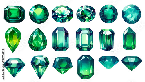 Big set of Emerald gem stone illustration objects, Minimalist, water color, set collection, Bright vibrant Green, 