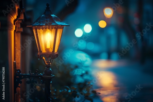 A street lamp is lit up in the dark