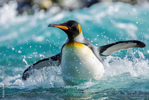 Big King Penguin Splashing into the Beautiful Blue Atlantic Water in Nature Habitat of Falkland Island. Playful Animal Action Shot