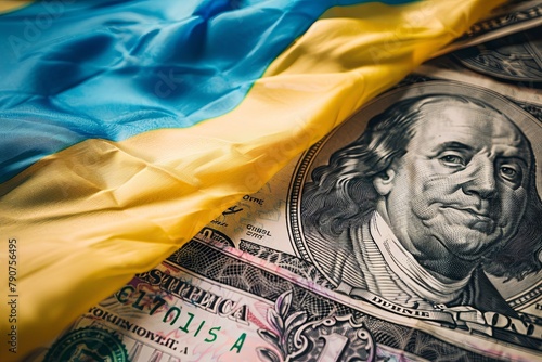 American dollar covered with Ukrainian flag, concept of financing Ukraine by the United States Congress. photo