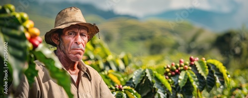 A worker collects ripe coffee cherries in lush greenery  depicting the agricultural process of coffee production
