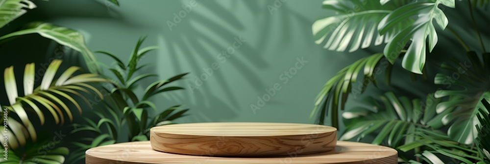 A wooden platform with a green background and leaves A wooden platform with a green background and leaves