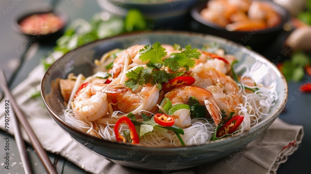 A bowl of stir-fried noodles with shrimp and veggies A bowl of stir-fried noodles with shrimp and veggies