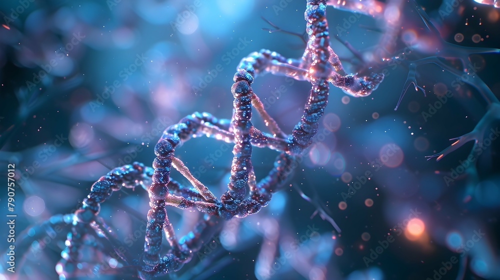 3D Rendering of a Glowing DNA Molecular genomes structure concept of biochemistry 3D Rendering of a Glowing DNA Molecular genomes structure concept of biochemistry