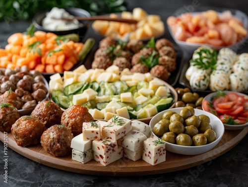 A large platter of food with a variety of meats, cheeses, and vegetables. The platter is on a wooden board and is surrounded by bowls. Scene is inviting and appetizing