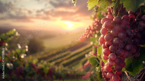 Seedless fruit hangs from vine at sunset in natural vineyard landscape