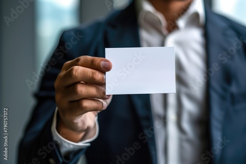Businessman Holding General Meeting Message Card. Concept of Business Event, Advertisment, and Closeup with Soft Focus