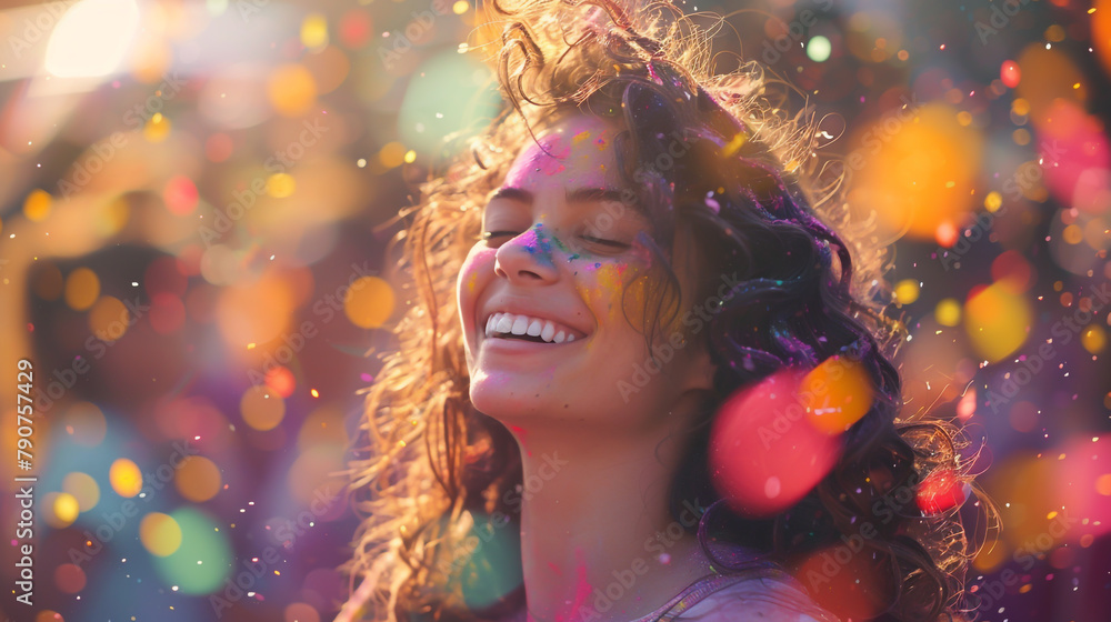 A curly haired woman smiling and dancing at music festival, blurred crowd in the background, colorful powder dust floating around her, bokeh effect
