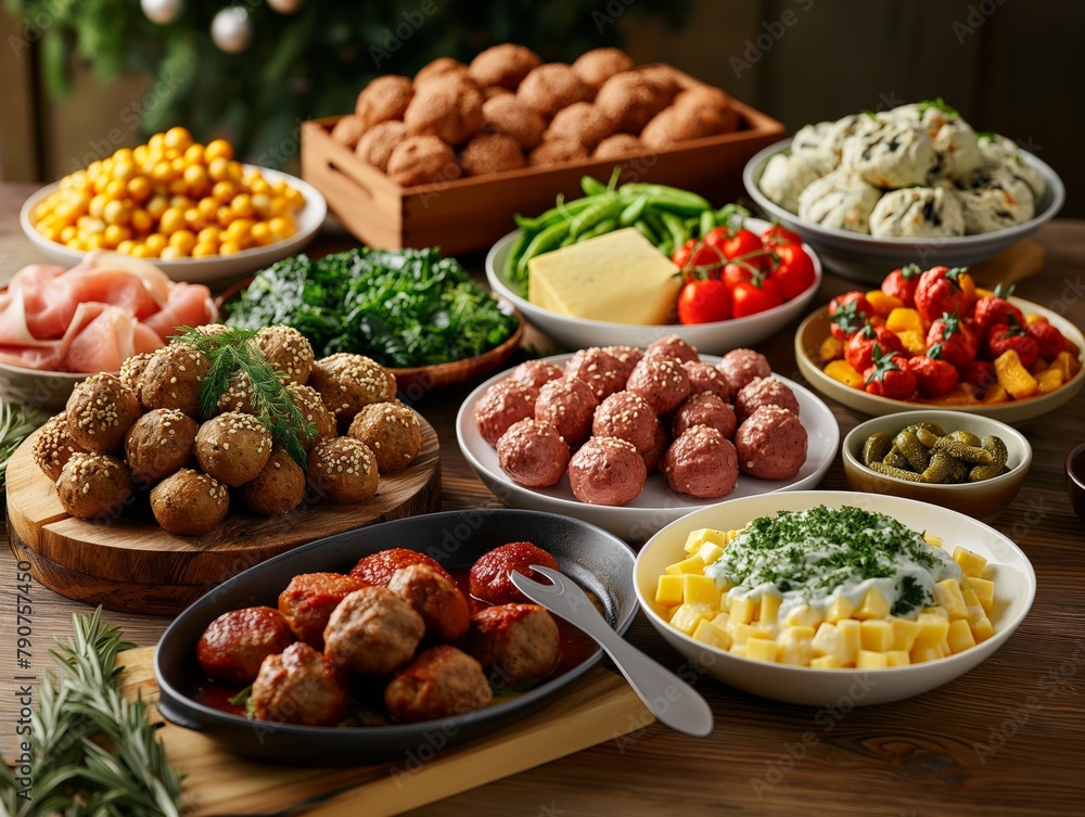 A table full of food with a variety of dishes including meatballs, cheese, and vegetables. The table is set for a festive occasion, with a Christmas tree in the background