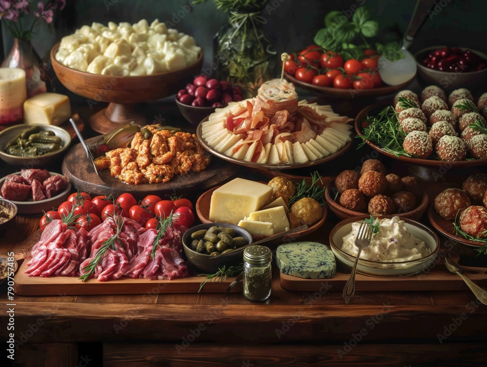 A table is covered with a variety of food, including meat, cheese, and vegetables. The table is set for a party or gathering, and the food is arranged in several bowls and platters