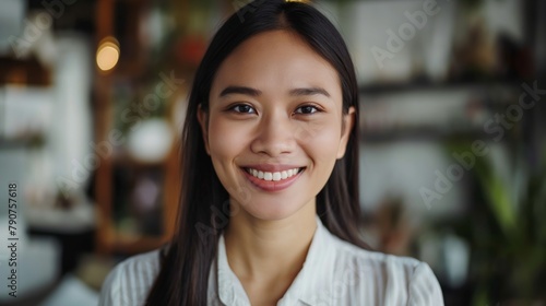 Smiling Young Asian Woman in Modern Home Office with Plants © Sol Revolver Group