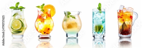 A row of five different colored cocktails in tall glasses