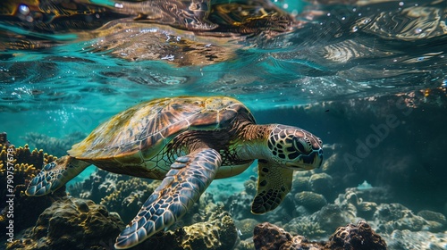 turtle swimming underwater in the underwater world Really colorful