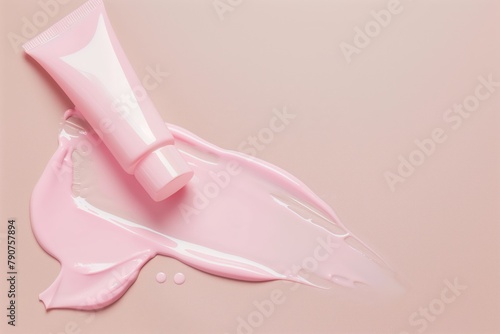 A tube of pink makeup is on a table with a pink smear of makeup on the table