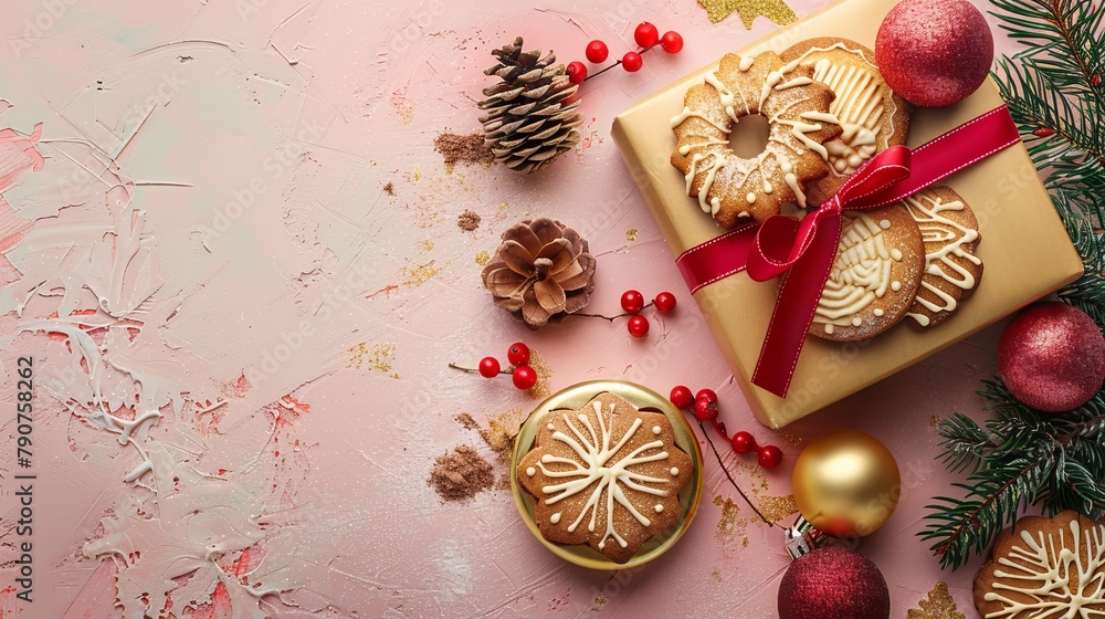 Artistic display of Christmas cookies and a golden gift box with fir cone and berries, set on a pastel background. Top view, enhanced with soft studio lighting Artistic display of Christmas cookies and a golden gift box with fir cone and berries, set on a pastel background. Top view, enhanced with soft studio lighting
