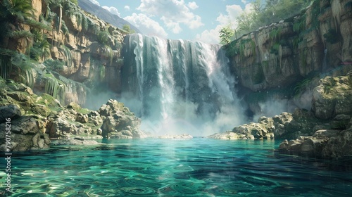 Powerful waterfall plunging into a crystal-clear pool below  creating a refreshing oasis in the wilderness.