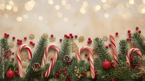 Artistic display of Christmas candy canes, fir branches, and a sprinkle of festive trinkets and berries, top view, set against a background of soft, unfocused golden lights, studio lighting photo