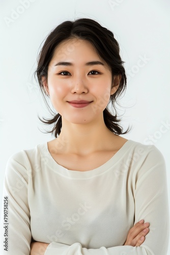 A woman with a white shirt and a ponytail is smiling