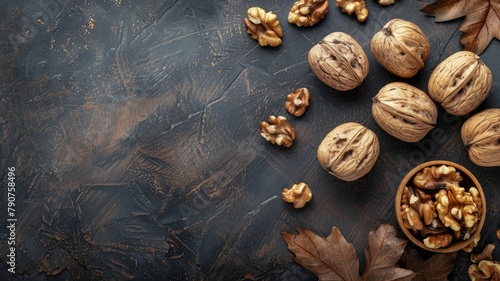 Walnuts and leaves scattered on dark textured background photo