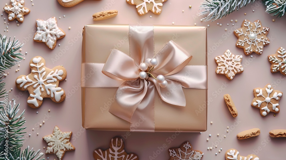 Close-up of a golden gift box with a shimmering ribbon, surrounded by Christmas cookies and fir branches on a pastel background. Top view, studio lighting Close-up of a golden gift box with a shimmering ribbon, surrounded by Christmas cookies and fir branches on a pastel background. Top view, studio lighting