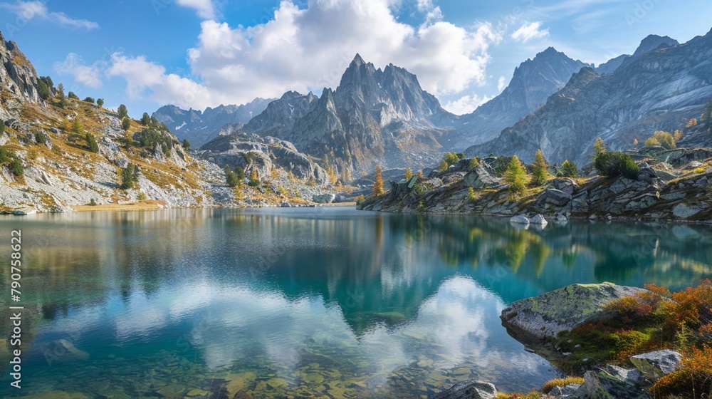 Pristine alpine lake nestled among towering mountains, its crystal-clear waters reflecting the surrounding peaks.