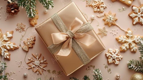 Close-up of a golden gift box with a shimmering ribbon, surrounded by Christmas cookies and fir branches on a pastel background. Top view, studio lighting