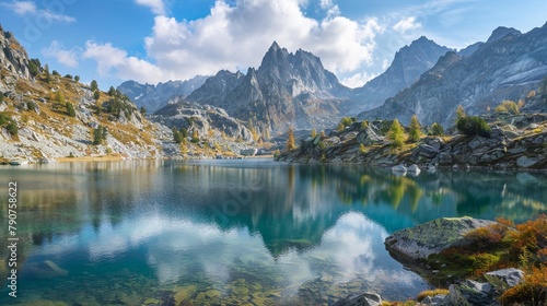 Pristine alpine lake nestled among towering mountains, its crystal-clear waters reflecting the surrounding peaks. © muhammad