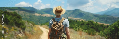 A man is walking down a dirt road with a backpack on his back