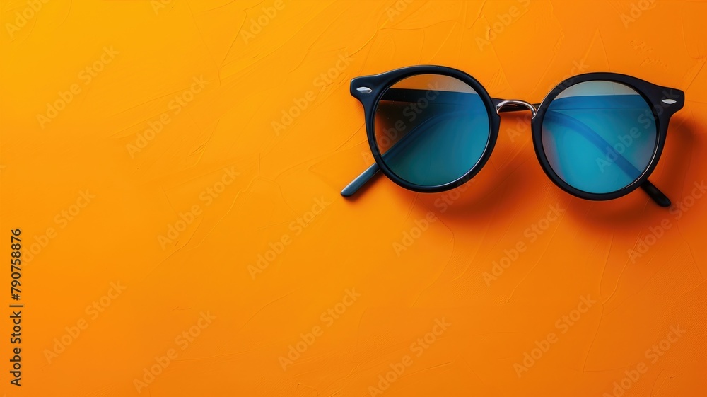 Black sunglasses with blue lenses on bright orange background Black sunglasses with blue lenses on bright orange background