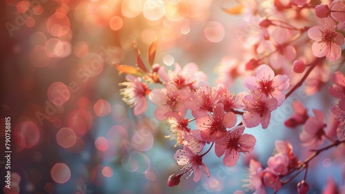 Pink cherry blossoms against bokeh light background