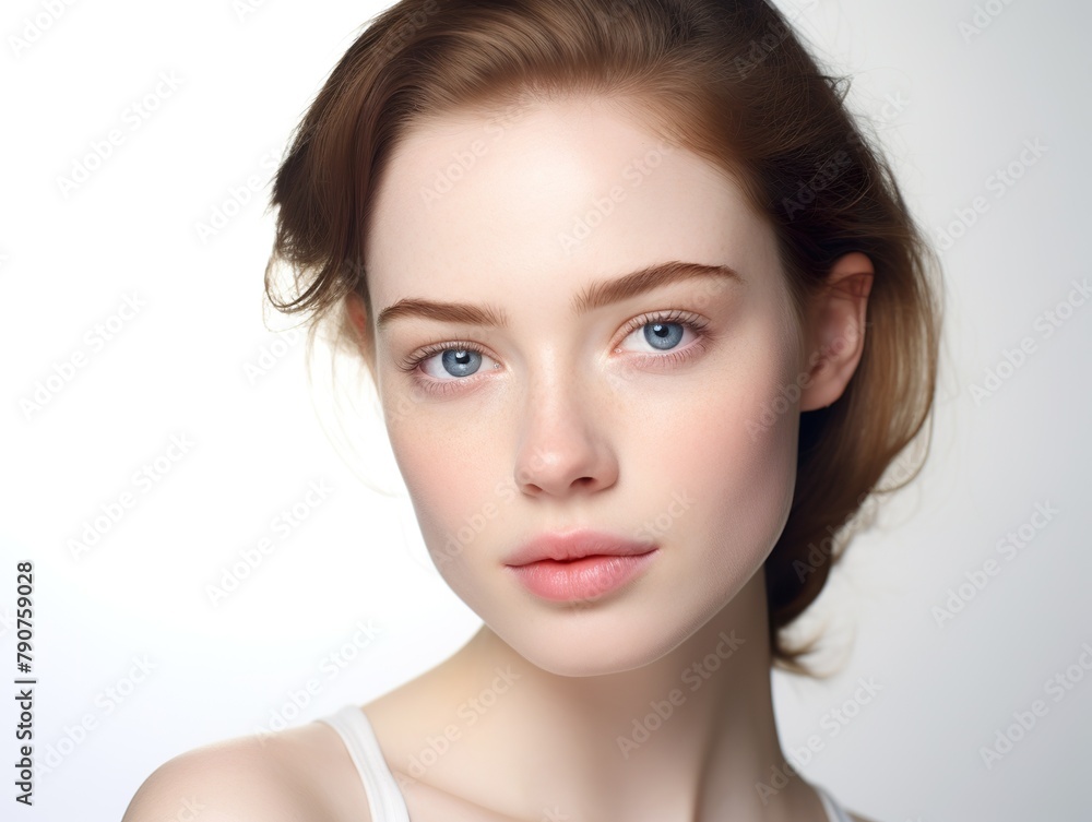 Fototapeta premium Photo of a young woman for a beauty magazine with fresh, clear skin against a white background