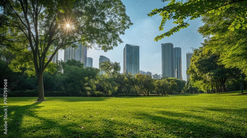 Sunlight shines through trees in park with skyscrapers background on clear day