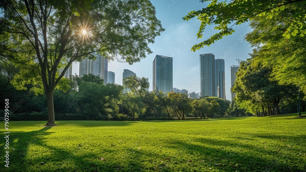 Sunlight shines through trees in park with skyscrapers background on clear day Sunlight shines through trees in park with skyscrapers background on clear day