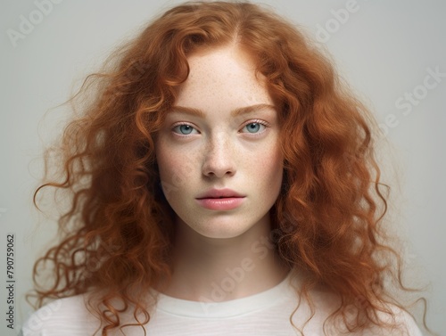 Photo of a young woman for a beauty magazine with fresh, clear skin against a white background