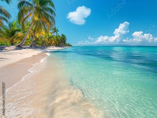 A beautiful beach with palm trees and a clear blue ocean. The sky is partly cloudy  but the overall mood is serene and peaceful