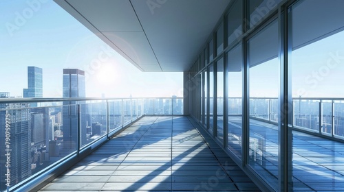Empty balcony of new apartment with panoramic cityscape and sunlight.