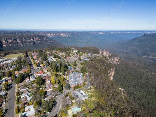 Katoomba, Australia: Aerial of the Katoomba town by the famous blue Mountains in the Sydney region in New South Wales in Australia on a sunny day.