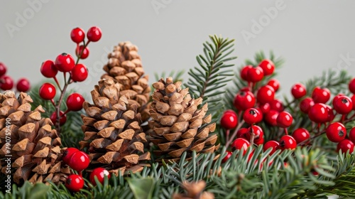 Vibrant Christmas scene with an emphasis on a beautifully decorated Christmas tree  featuring a close up of fir cones and berries  studio lighting  isolated background