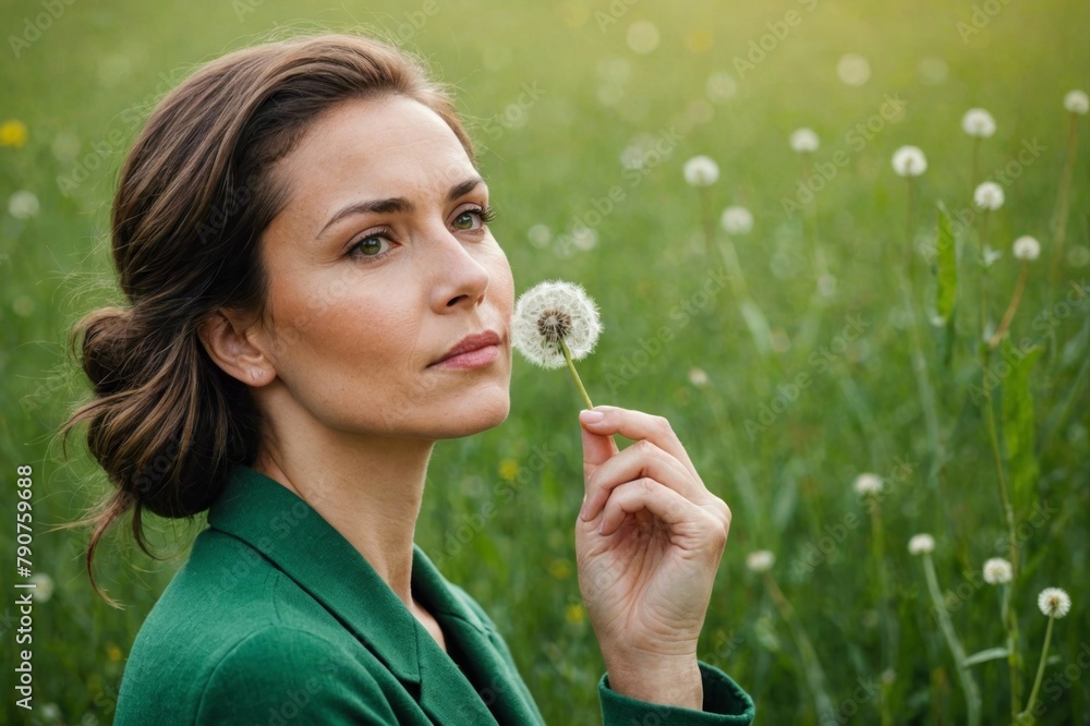 Thoughtful woman with hand on chin holding dandelions against green background Thoughtful woman with hand on chin holding dandelions against green background