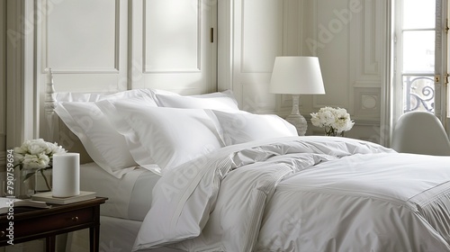 Pristine white bedding with smooth and unwrinkled sheets, evoking a sense of cleanliness and comfort in the bedroom.