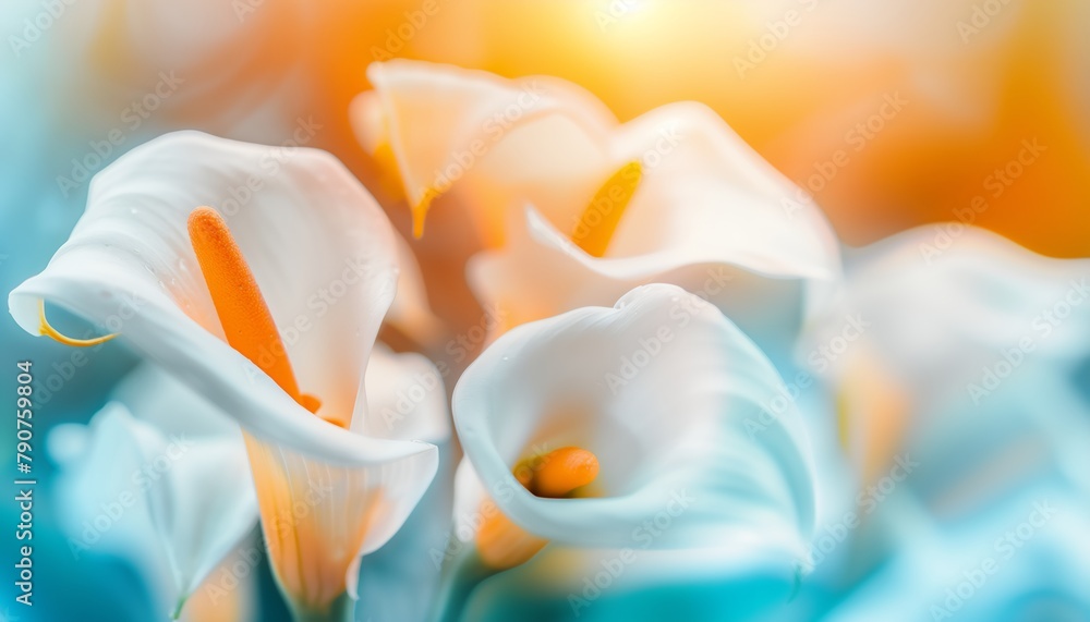 Dreamy white Calla flowers with a blurry yellow background, White calla lilies and a dreamy yellow background, AI generated