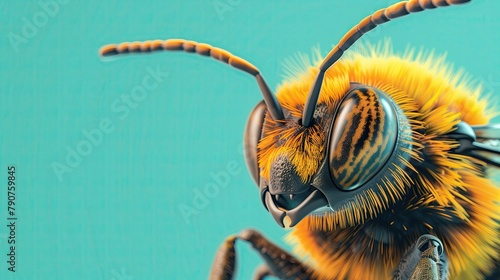 Close-up photo of a single bee, blank background. photo