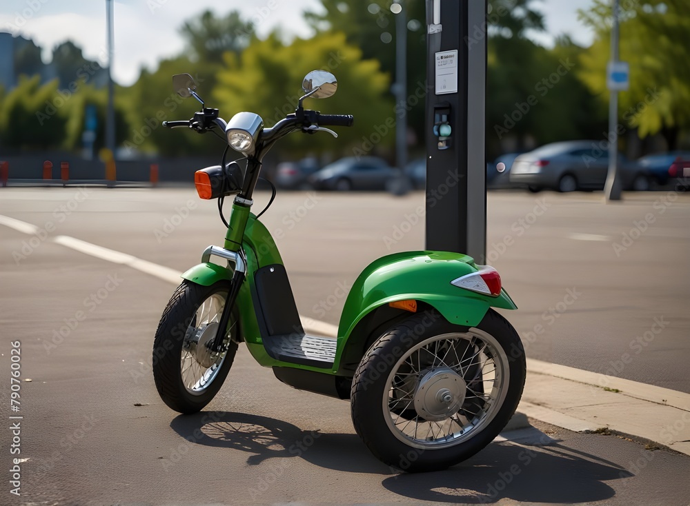 Electric tricycle scooter with charging station on a parking lot for LEV - light electric vehicles
