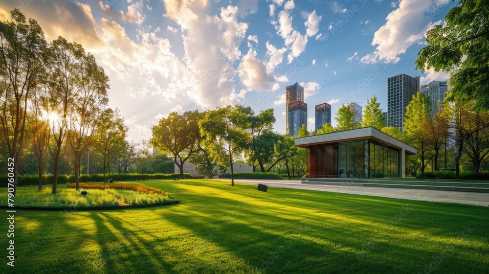 Landscape of beautiful park and modern building. Landscape of beautiful park and modern building.