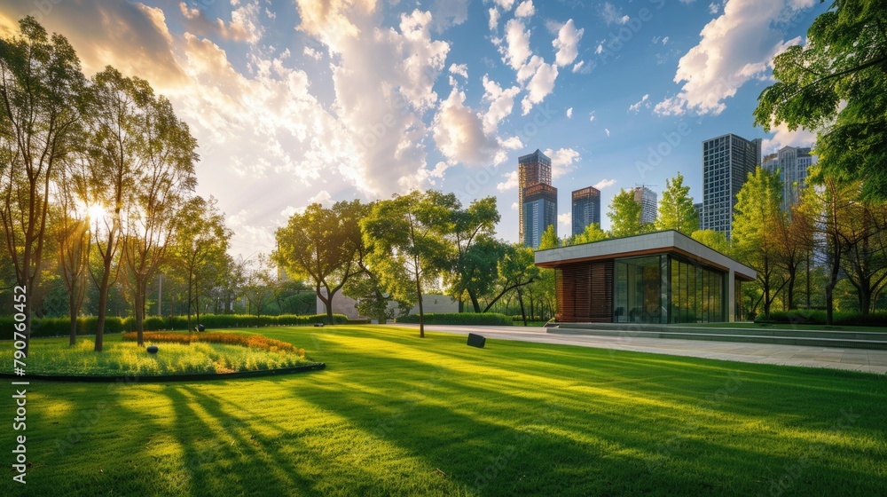 Landscape of beautiful park and modern building.