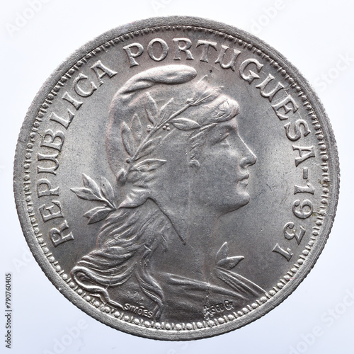 Portuguese 50 cent alpaca coin. On the obverse the bust of the republic and the year 1931