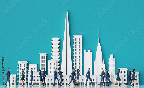 Lots of business people in suits are walking in the City, background with modern skyscrapers and copy space